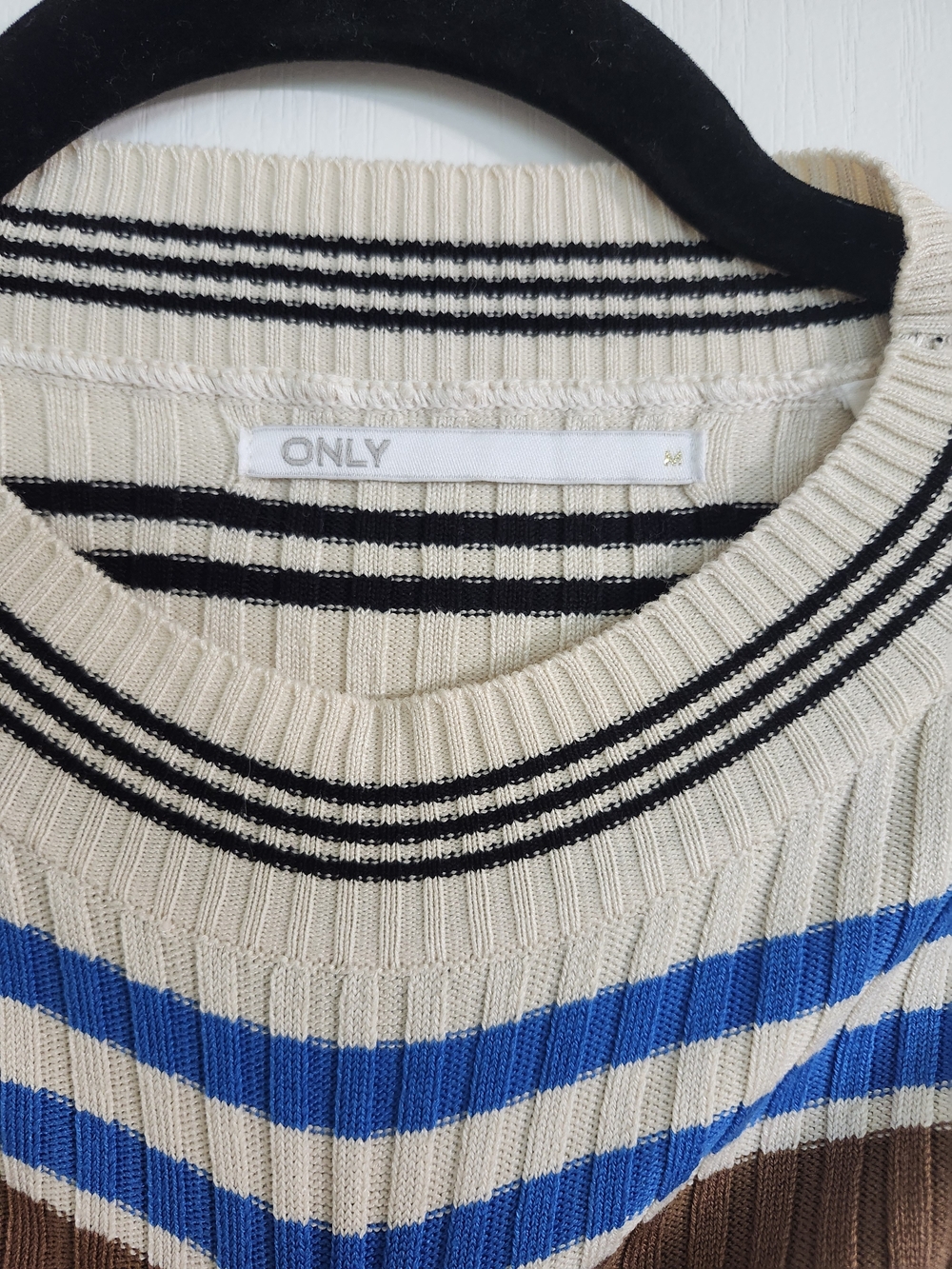 Only Ribbed Crewneck Top in Cream, Blue & Brown Stripes - Picture 2 of 5